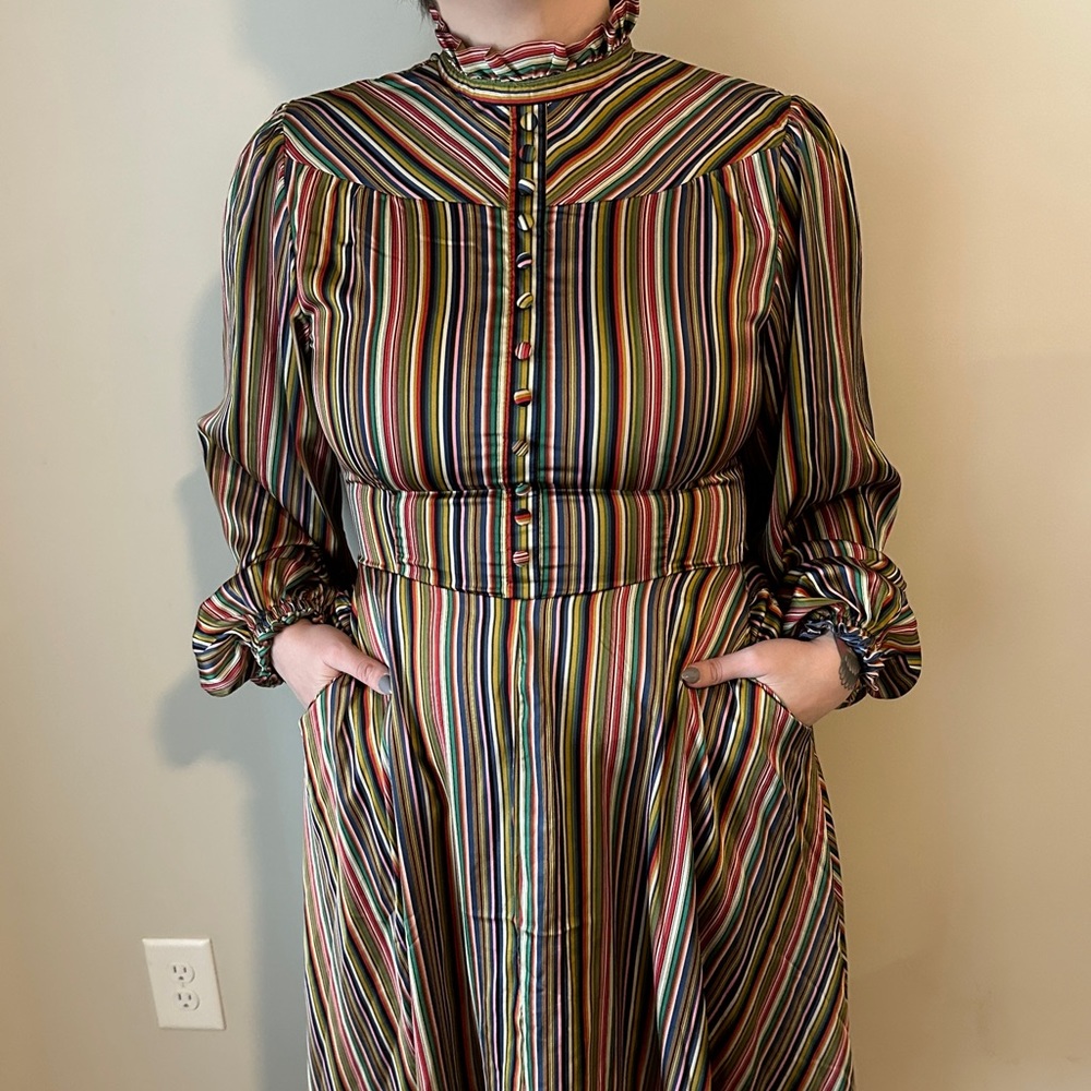 Satin Multicolored Stripe High Neck Long Sleeve Dress